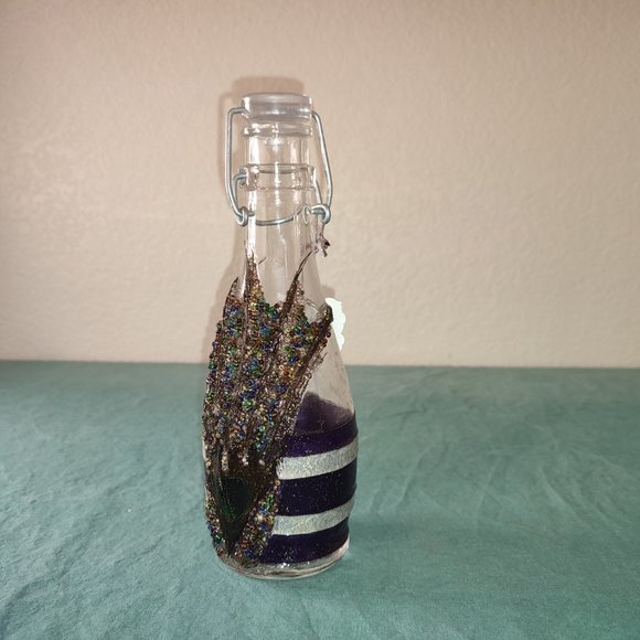 Amazing Crafted Artisan Bottle Italy Peacock Feather Design applied beads Boho - Picture 3 of 12